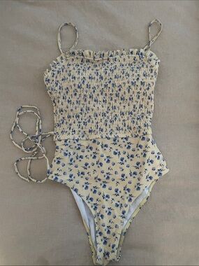 SHEIN Butter Yellow One-Piece Swimsuit with Blue Floral Print
